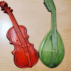 Mid-century Violin and Lute Cast Metal Wall Hangings
